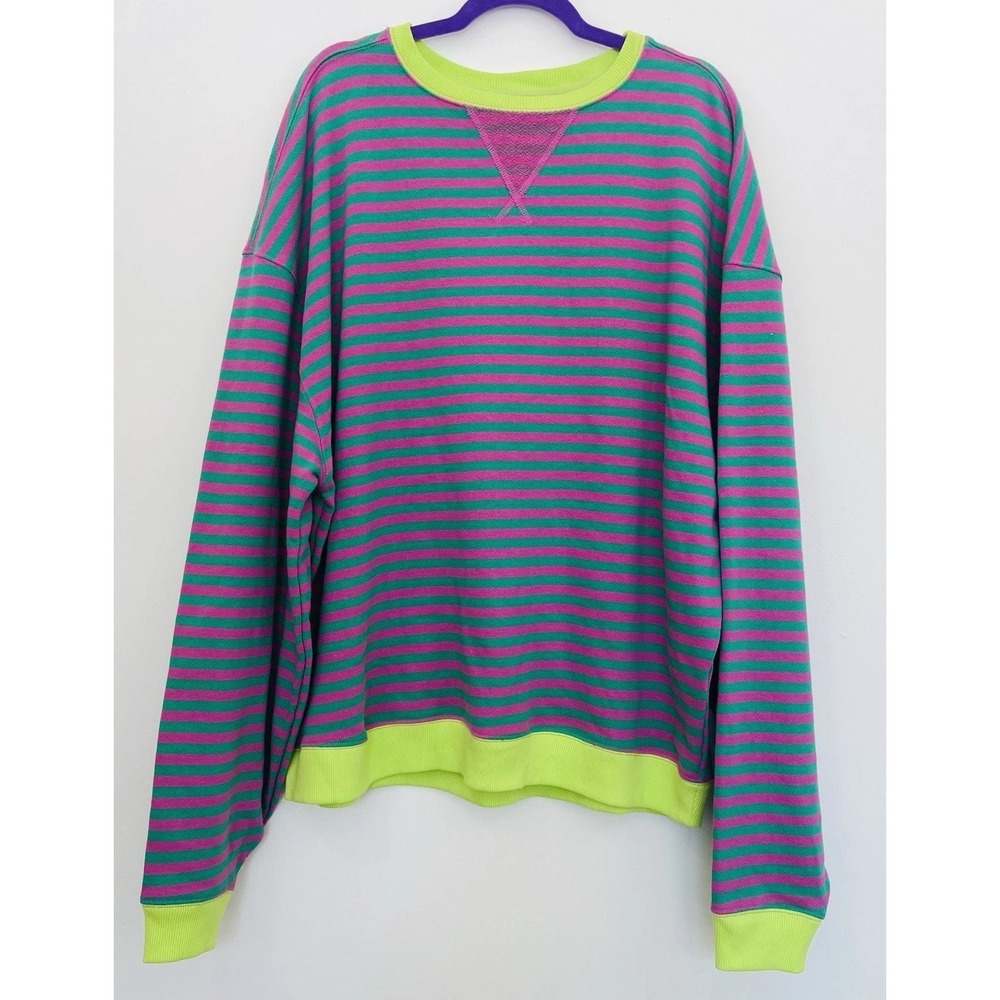 Free People Pink Clover Green Striped Oversized Crewneck Sweatshirt M Viral Rare